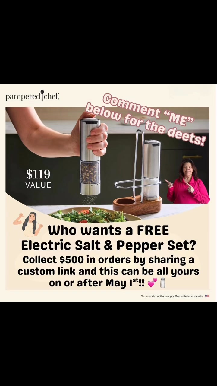 ✨ FREE kitchen upgrade alert! ✨

Who would LOVE this gorgeous Electric Salt & Pepper Set in their kitchen?! 😍

All you have to do is share your custom link with friends/family and collect $500 in orders… then this beauty could be yours the first week of May! 🙌

No party stress. No inventory. No chasing people. I help with it all 💚

Want the deets? Comment ME below ⬇️✨

#CookingWithRo #PamperedChef #KitchenGoals #FreeGift #EasyHosting #BusyMomHacks #KitchenUpgrad