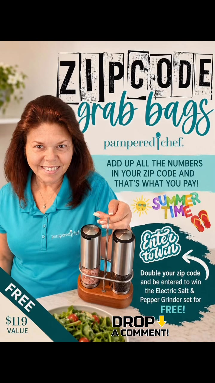 ☀️💚 SUMMERTIME ZIP CODE GRAB BAGS are HERE! 💚☀️

Who’s ready for a little mystery + summer fun? 🎁👀

I’m putting together surprise Pampered Chef grab bags… and your ZIP CODE determines your price! 🤯✨

Here’s how it works:
🌴 Add up all the digits in your zip code
🌴 That total is what you pay (+ tax/shipping)
🌴 Your bag will be packed with surprise goodies worth MORE than you pay! 🙌

✨ BONUS FUN ✨
Comment “DOUBLE” and double your zip code total to be entered to WIN our Electric Salt & Pepper Grinder Set ($119 value) FREE! 🧂🖤

Example:
Zip Code 14304 = 1+4+3+0+4 = $12 🎉

👇 Drop your zip code total below and say DOUBLE if you want in on the giveaway too!
